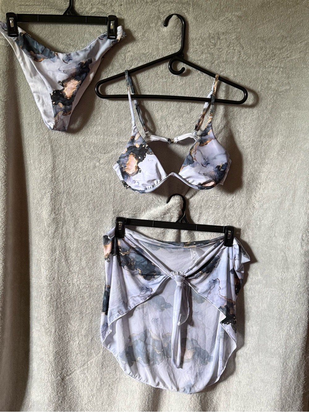 Lavender Marble Print Underwire Bikini Set with Sarong